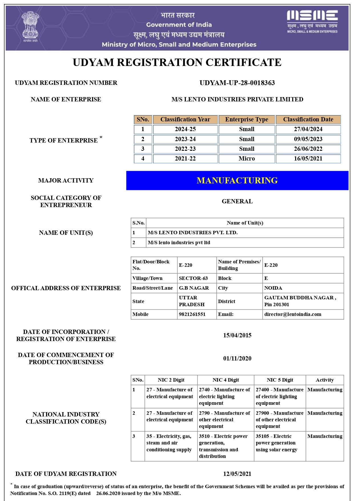 Udyam Registration Certificate